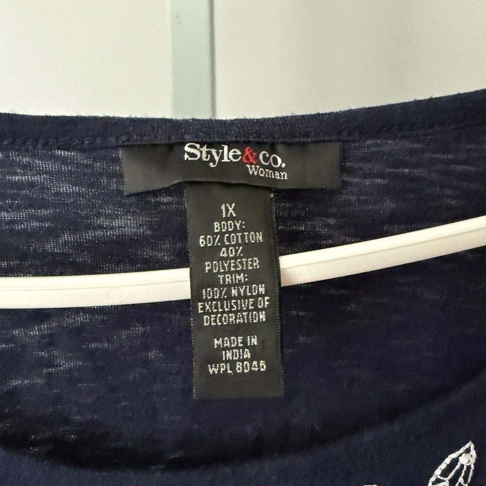 Style & Co 1X Navy Top Embroidered Pom Pom Boho Cottage Prairie Peasant - Picture 4 of 5